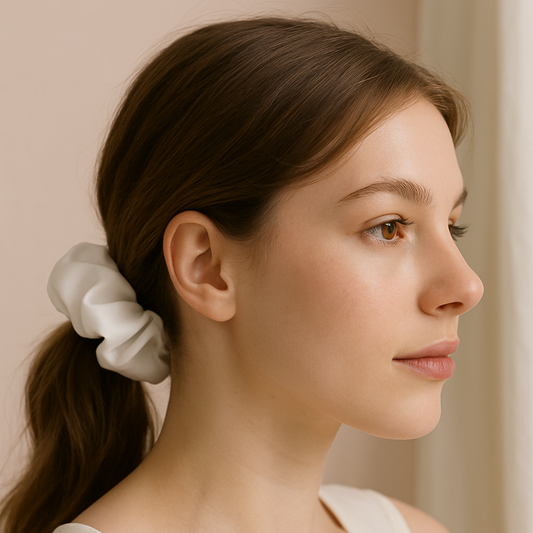 Woman with a white scrunchie in her hair against a beige background